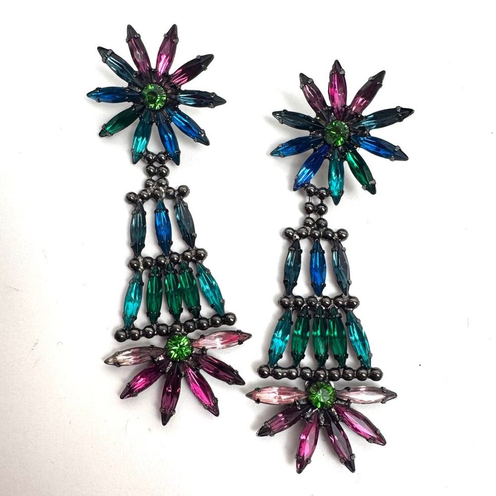 Doug Paulus Signed Rainbow Crystal Starbust Long Drop Earrings NWOT